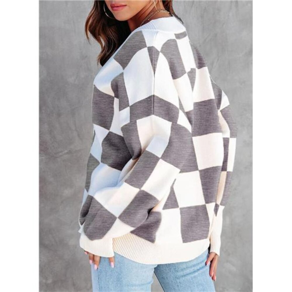 NEW Womens Plaid V Neck Button Down Long Sleeve Cable Knit Oversized Cardigan - Picture 3 of 6